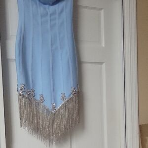 Light Blue Fringe Hem Evening Dress